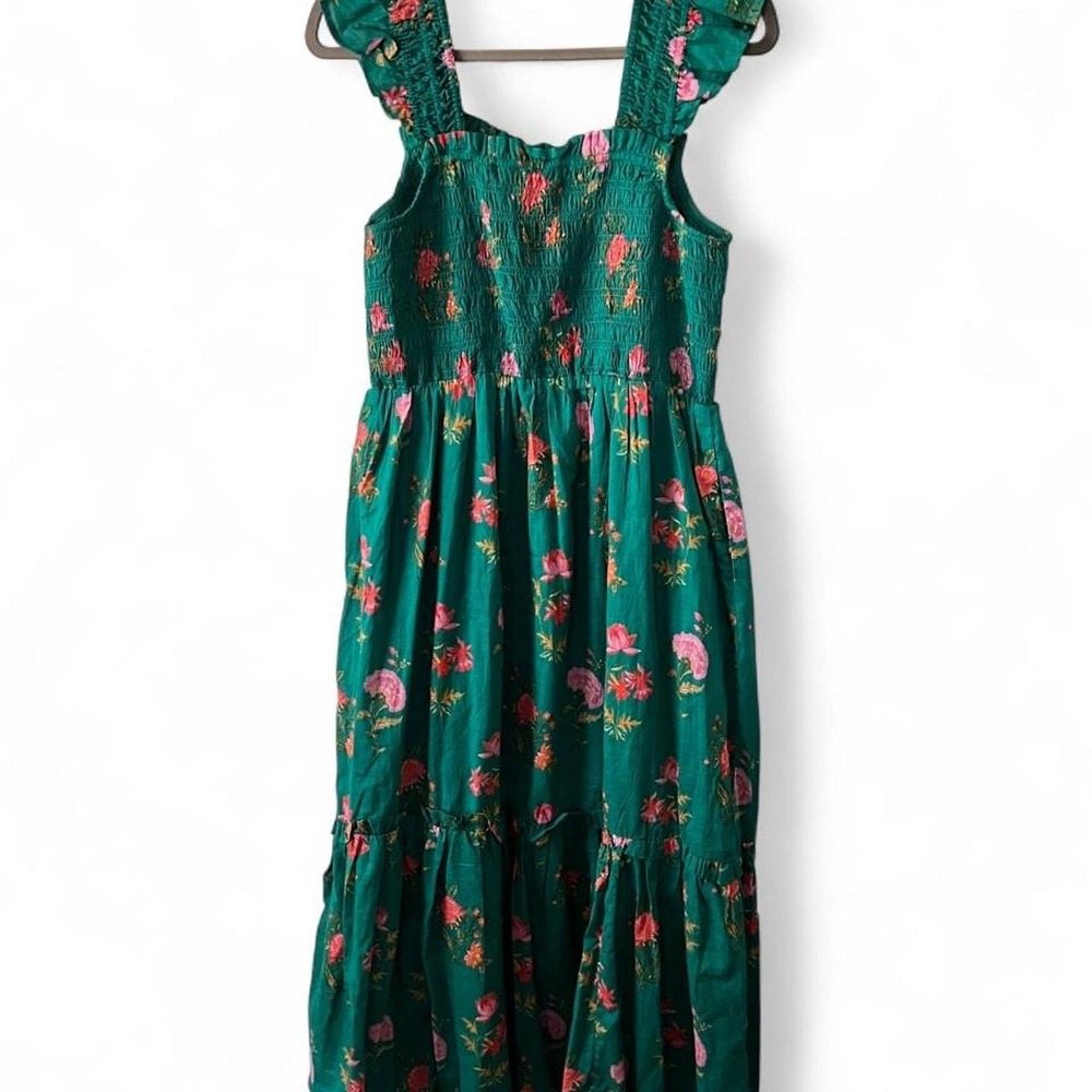 Anthropologie Green Floral Midi Dress with Pockets Women's Medium Cotton Modal